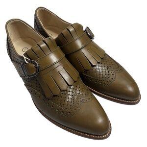 LEONARDO PRINCIPI Olive Green Leather Weave Brogues Loafers NWOT $276